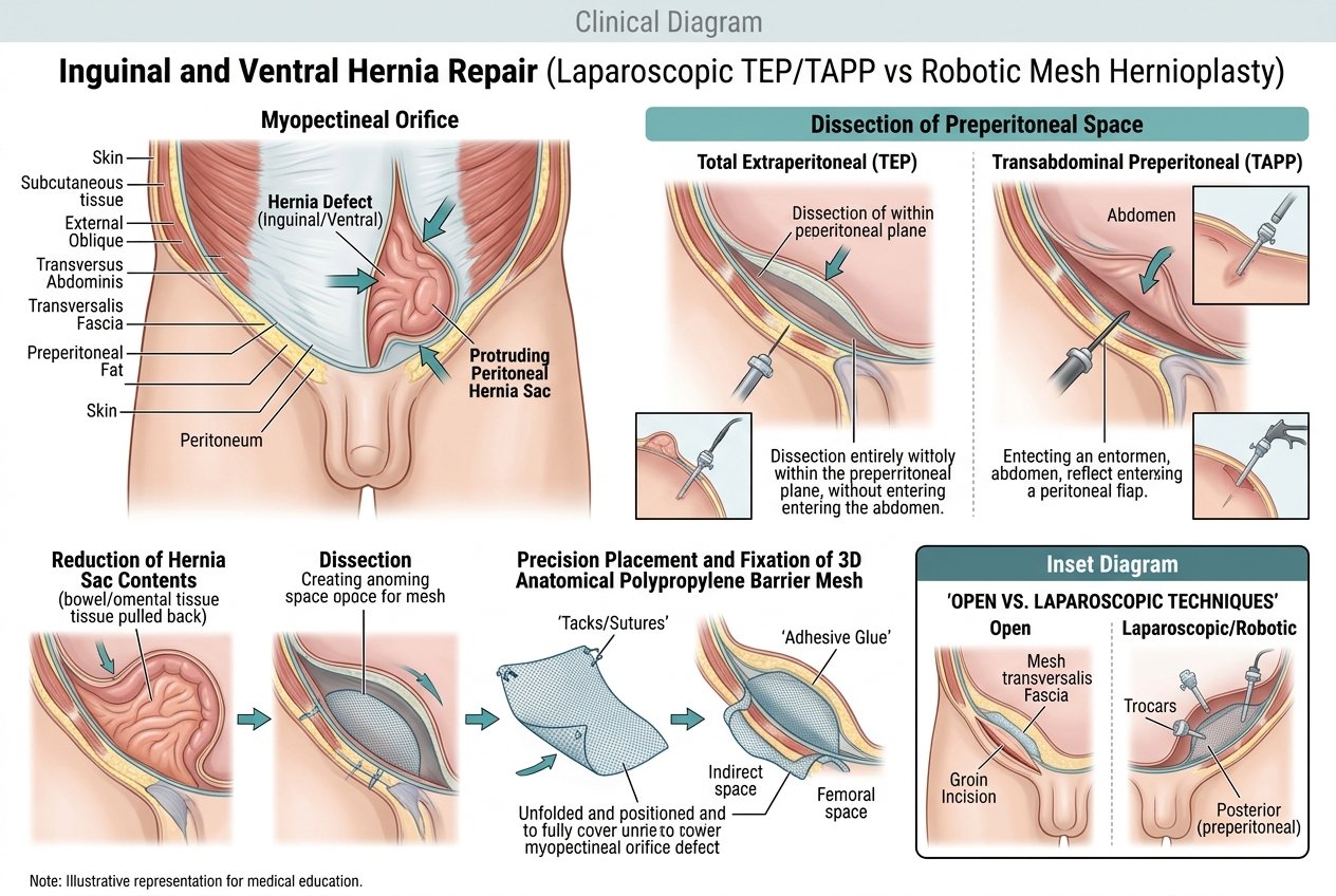 Hernia repair (open, laparoscopic, robotic)